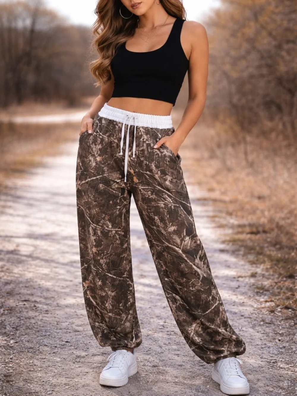 Relaxed Drawstring Women’s Pants in Brown Camouflage Print